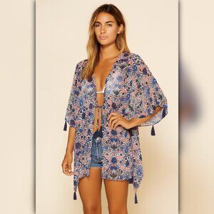 * A619 • Blue Floral Tassel Open Front Kimono Cover Up